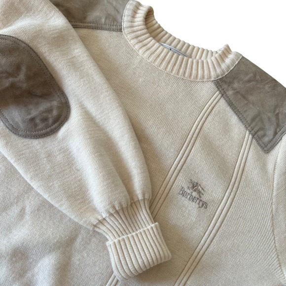 Burberrys Wool Sweater Cream Beige Leather Shoulder Elbow Patch Size L - Picture 1 of 15